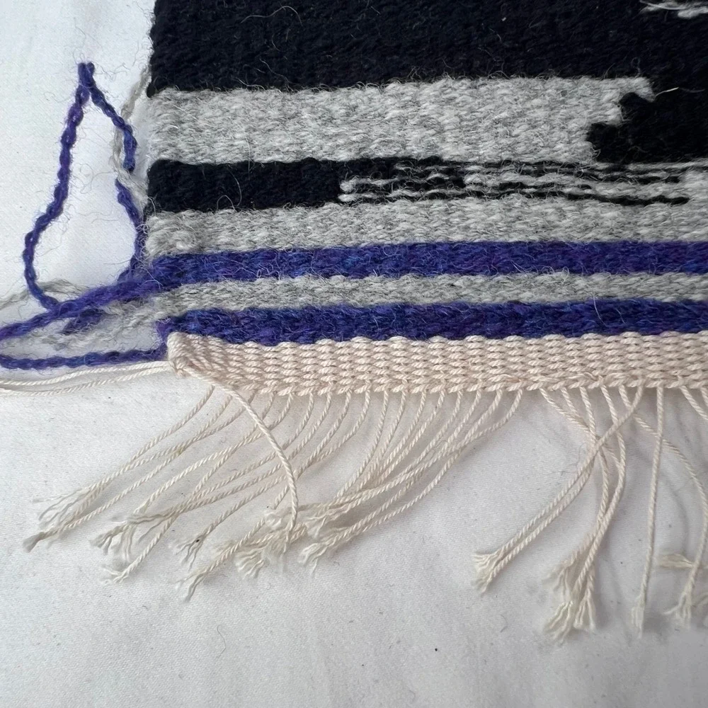 Handwoven Wool Southwestern Textile Mini Tapestry Black Purple Grey Fringe 10.5